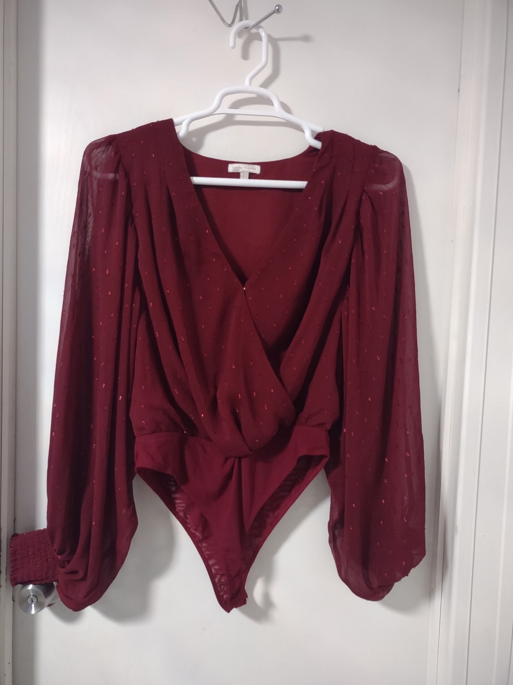 Flying Tomato Sheer Long Sleeve Bodysuit in Red